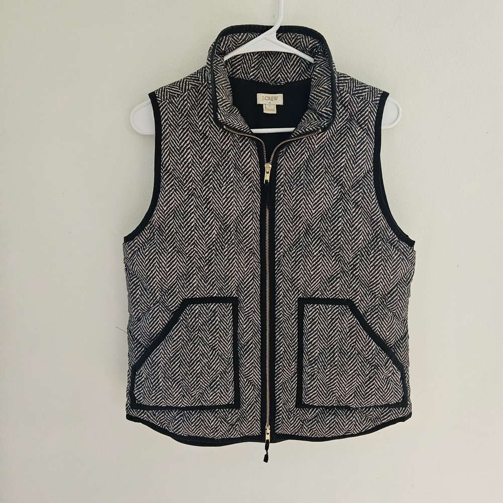 J.Crew Excursion Down Fill Puffer Vest Womens Small Grey Herringbone Zip Pockets
